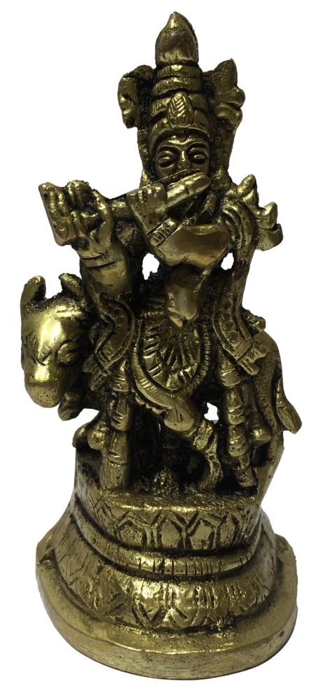 Flute Krishna with Cow Brass antique Figurine Decorative Show piece 4 Inch