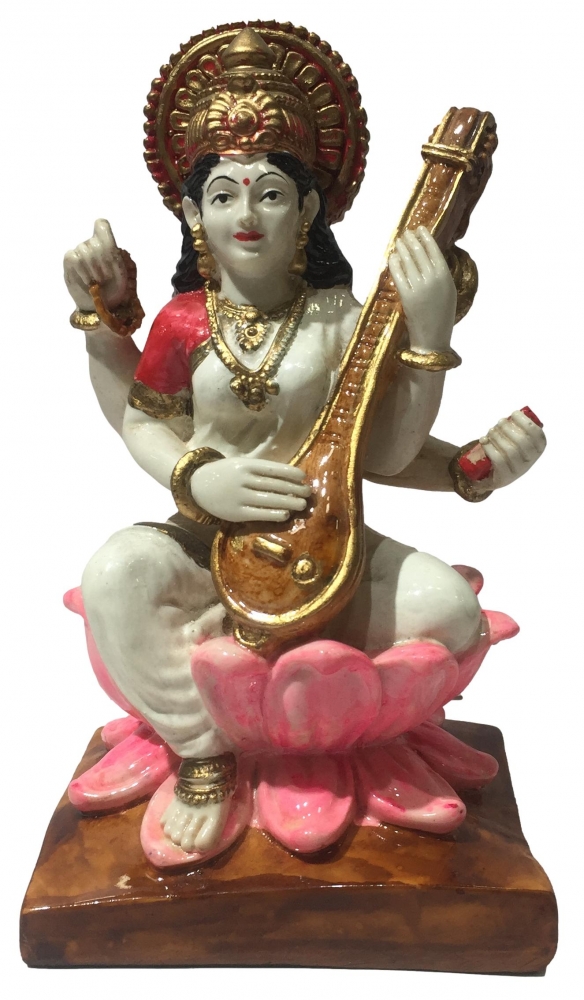 Veena Saraswati Multicolour Marble Dust Statue Decorative Showpiece 7 Inch