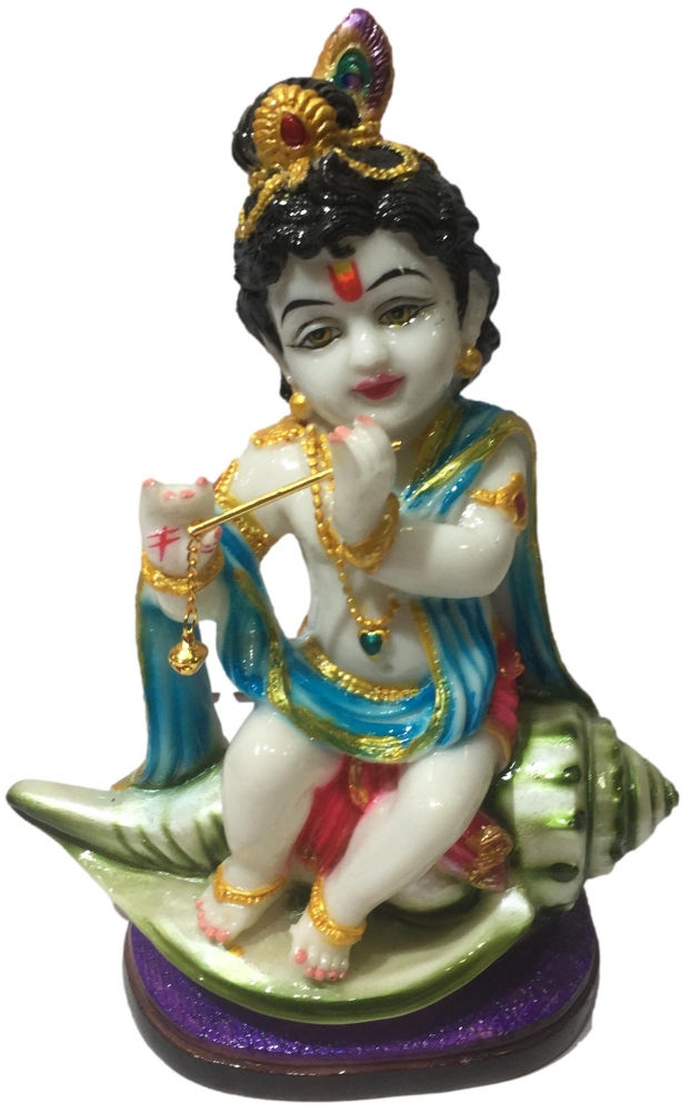 Flute Bal Krishna on Conch Multicolour Marble Dust  Idol 8 Inch