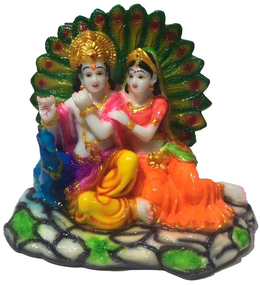 Mayur Radhe Shyam or Peacock Radha Krishna Multicolour Marble Dust Figurine 5.5 Inch