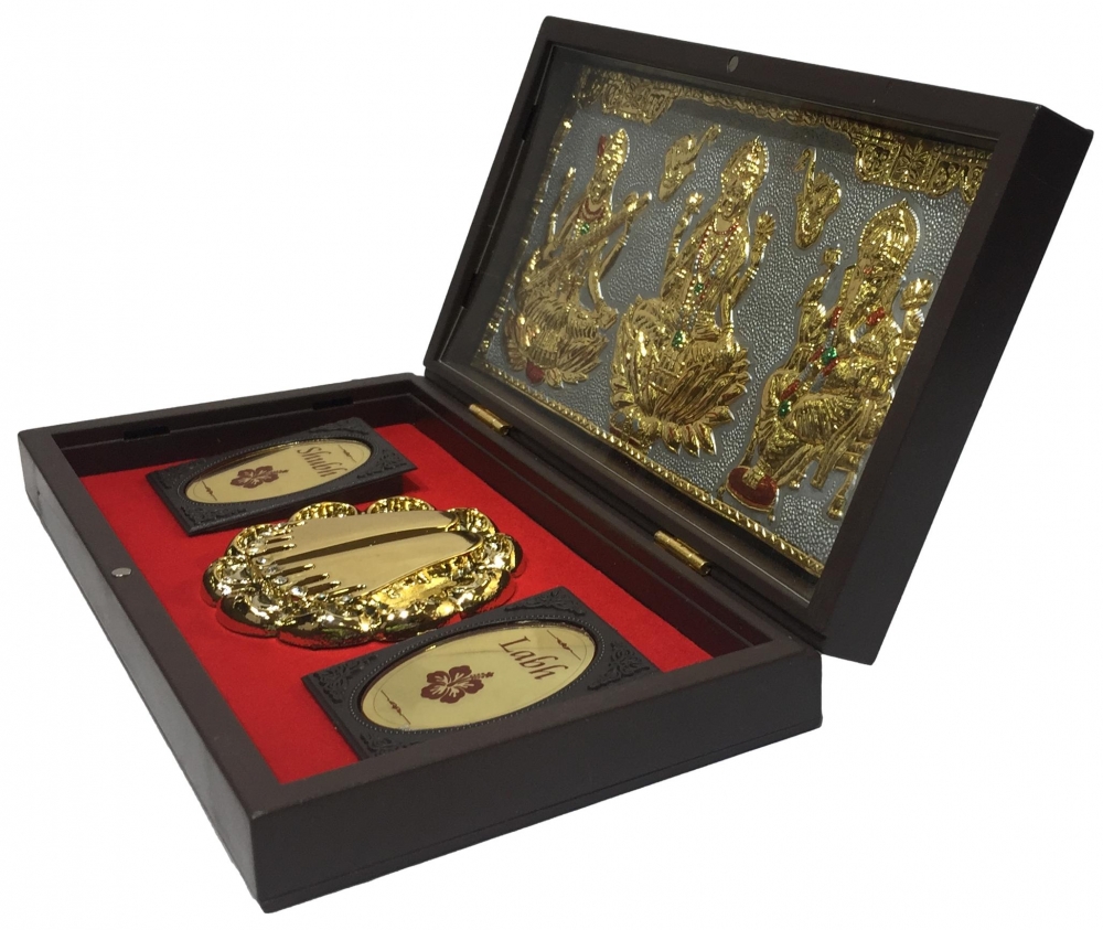 Sri Saraswathi Lakshmi Ganesh Gold Plated Charan Box Corporate Gift  21 x 11 cm
