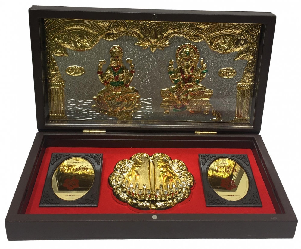 Sri Lakshmi  Ganesh Gold Plated Charan Box Corporate Gift  21 x 11 cm