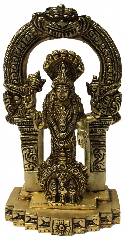 Standing Maha Vishnu under Adhishesha Arch Brass Antique Murthi 6.5 Inch