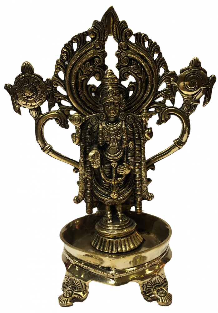 Brass Designer Srinivasa Perumal Akanda Diya with Shanku Chakra Prabhai 11 inch
