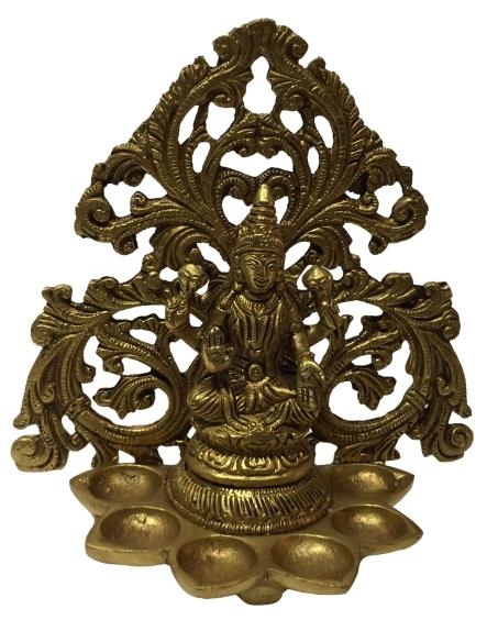 Floral Arch Mahalakshmi Brass Antique 6 Flames Ghee Wicks Diya or Decorative Deepak 6.5 inch