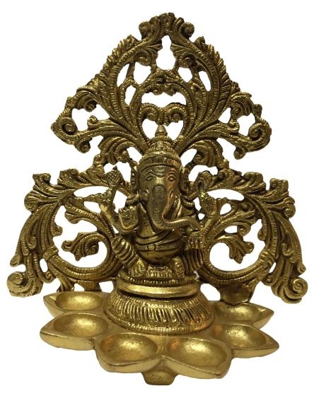 Floral Arch Sri Ganesh Brass Antique 6 Flames Ghee Wicks Diya or Decorative Deepak 6.5 inch