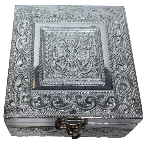 Silver Coated Square Minakari Wooden Pooja cum Jewel Box 4 X 4