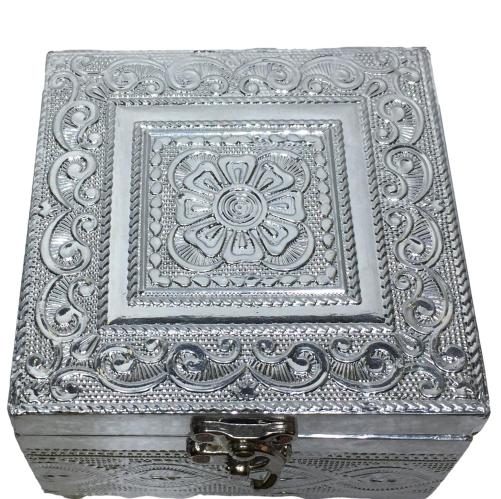 Silver Coated Rectangular Minakari Wooden Pooja cum Jewel Box 10 X 7 