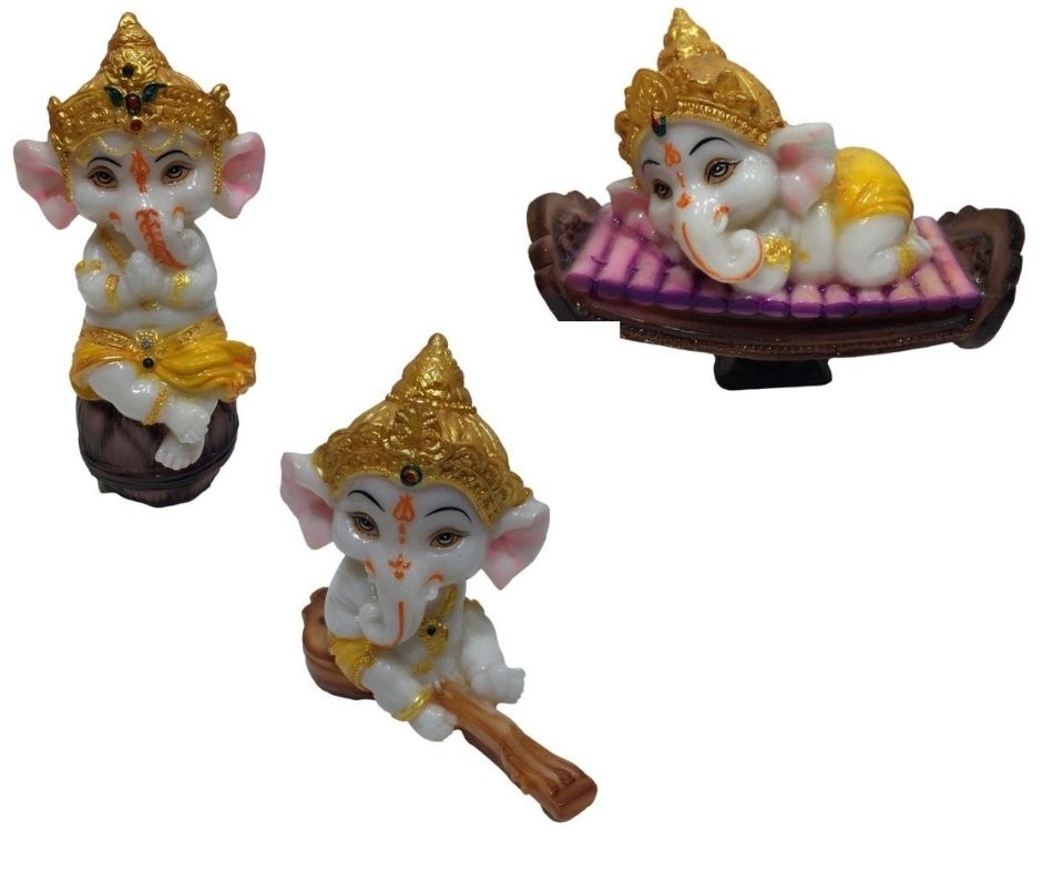 Funny Musical Bal Ganesh Multi Colour Marble Dust Idol Set 3 pieces size 5.5 inch