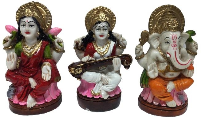Lakshmi Ganpathi Saraswati Multicolour Marble Dust  Figurine Set 3.5 Inch