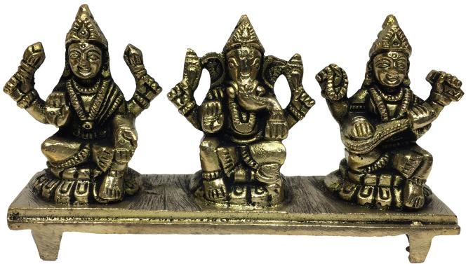 Lakshmi Ganpathi Saraswati Brass Antique Figurine Set On Same Base 2.5 Inch