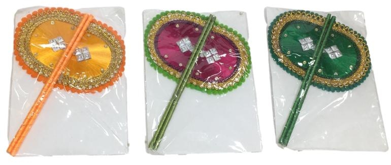Decorative Multi Colour Satin Silk Visiri  or Mini Hand Fan for Home Deity 7 inch