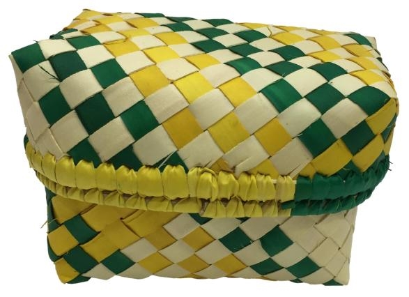 Traditional Green and Yellow Square Palm Leaf Pooja Pouch or Panai Olai Petti or Thiruman Box size 5
