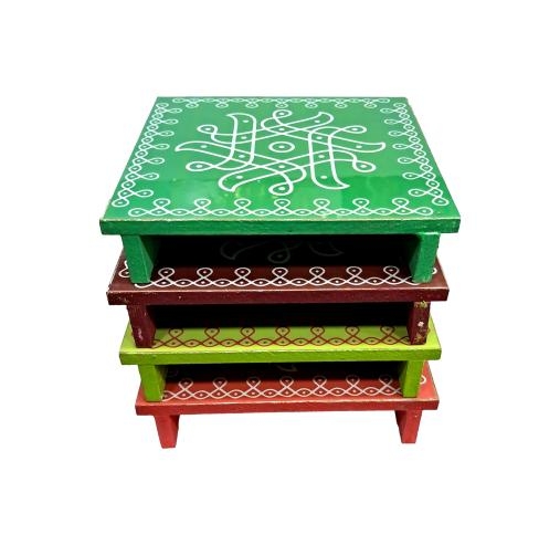 Rangoli Design Wooden Stand / Multicolour Kolam Manai / For Lamps / Deities/ Decoration- 6 x 6 Inch