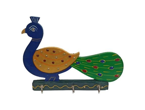 Wooden Multicolour Peacock Design 3 Hooks Key Holder - Wall Hanging Mayur Key Stand size 6 x 5 inch