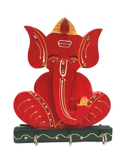 Wooden Lal Ganesh 3 Hooks Key Holder / Wall Hanging   size 6 x 5 inch