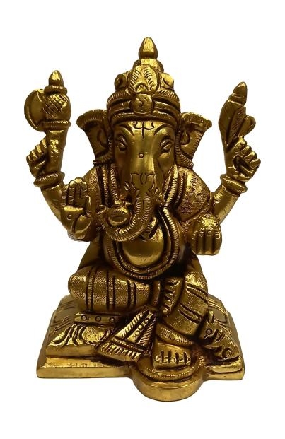 Sri Vinayak sitting with Mooshika Brass Antique Pooja Decorative Figurine 4 inch