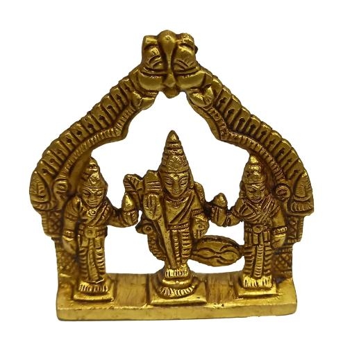 Sri Karthikeya with Valli Devasena under Arch holding Vel Brass Antique Figurine 3.5 Inch