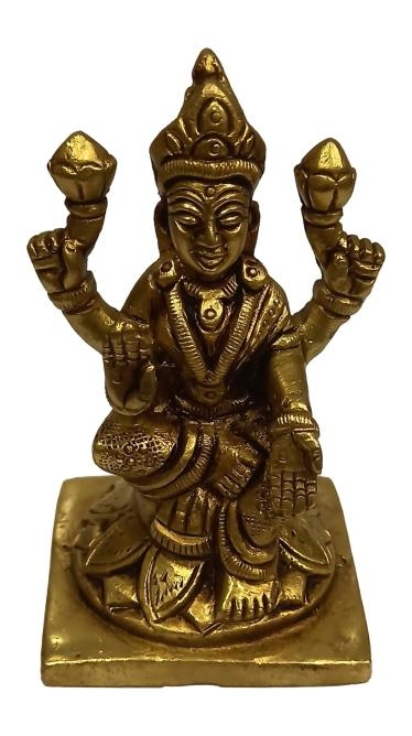 Sri Padma Lakshmi Brass Antique Pooja Decorative Vigraham sitting with one leg down on Lotus Pedestal size 4 inch