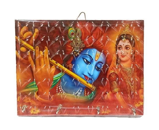 Flute Krishna with Radha Rani 4 Hooks 3D Wooden Key Holder / Radhe Shyam Wooden Key Holder / Radha Madhav Key Stand size 6 x 8 inch 