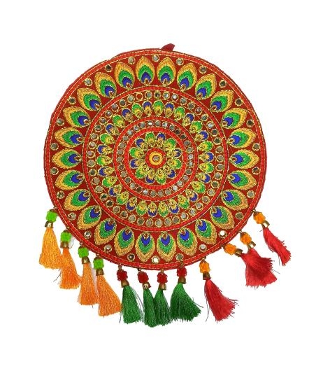 Multicolour Round Rangoli design Velvet fabric Silk Thread Decorative Wall hanging size 11 inch