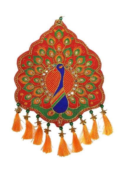 Dancing Royal Peacock design Velvet Fabric Golden colour Silk threads Decorative Wall hanging size 11 x 9 inch 