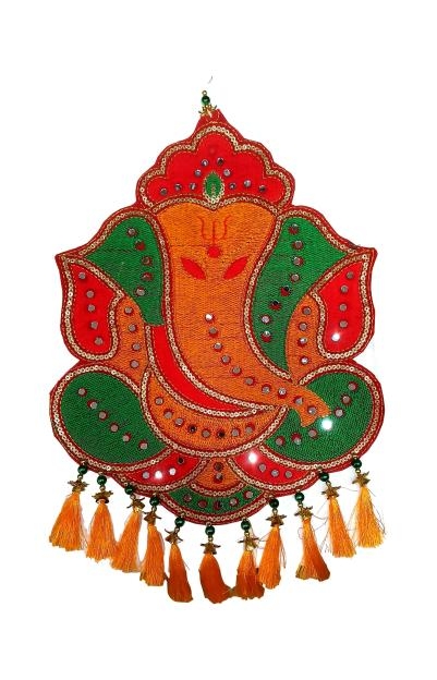 Sri Ganesh Dual Colour Velvet Fabric Stone Decorative Silk Threads Wall Hanging size 16 x 12 inch