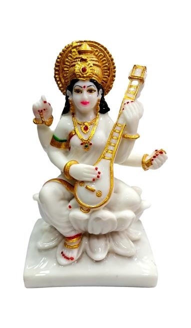Veena Vani Swaraswathi Devi Golden White Marble Dust Figurine Size 7 Inch