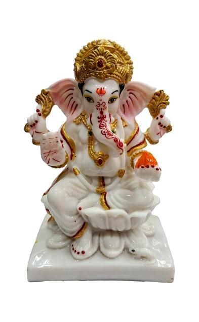Golden White Ganesh Marble Dust Figurine Decorative Show Piece size 7 Inch