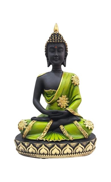 Meditating Green dressed Buddha on Padmaasana Gypsm Decorative Showpiece Figurine 11 inch