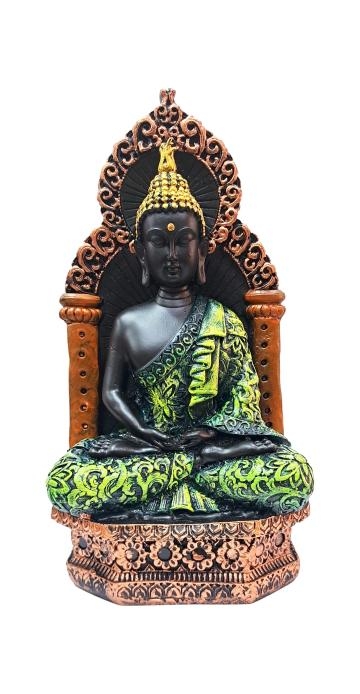 Meditating Green dressed Goutham Buddha on Padmaasana under Arch Gypsm Decorative Showpiece Figurine 9.5 inch