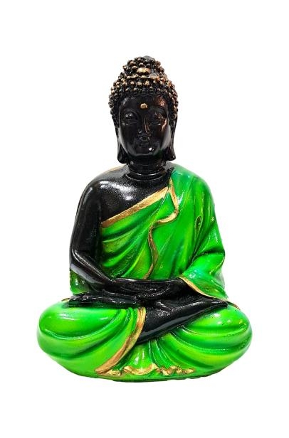 Meditating Green dressed Gowthama Buddha on Padmaasana Gypsm Decorative Showpiece Figurine 6 inch