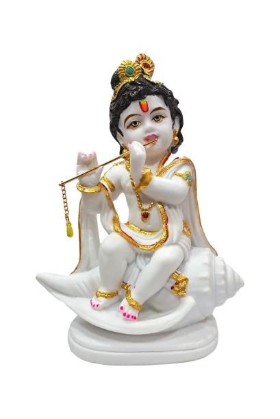 White Marble Dust Sri Bala Krishna playing Bansuri on Kanch / Flute  Gopal on Shankh Washable Figurine Decorative Showpiece Size 8 inch