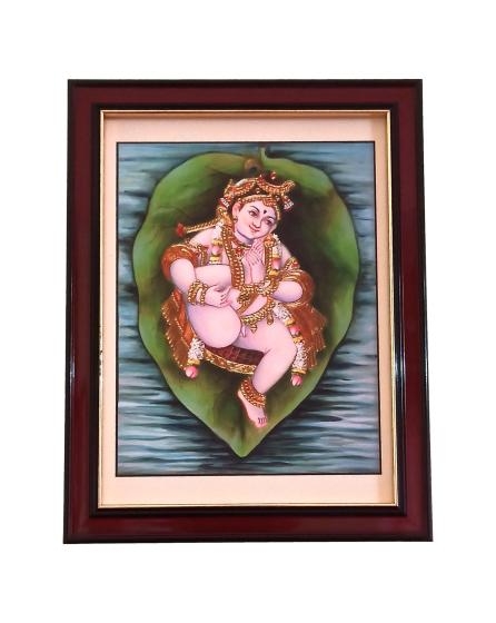 Pipal Leaf or Alilai Floating Krishna Tanjore Style Paint Photo Frame Wall Art - A4 Size 12 x 9 inch