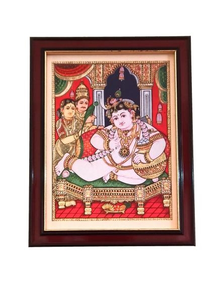 Butter Pot Krishna / Vennaithazhi Kannan with Yasodha and Nandagopa Tanjore Style Paint Photo Frame Wall Art - A4 Size 12 x 9 inch 