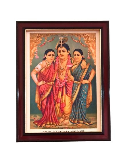 Sri Krishna with Ruckmani and Sathya Bhama Antique Paint Photo Frame Wall Art - A4 Size 12 x 9 inch 