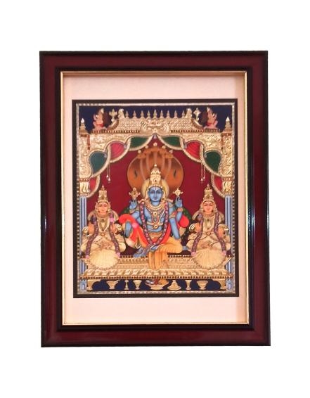 Sri Lakshmi Narayana Swami Para Vasudevan with Sridevi & Bhudevi Nachiyars Tanjore Style Paint Photo Frame Wall Art - A4 Size 12 x 9 inch