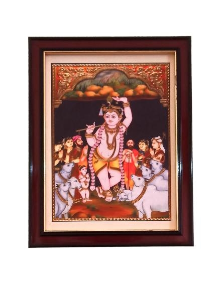 Sri Krishna holding Govardhana Malai Prabhu Giridhari Tanjore Style Paint Photo Frame Wall Art - A4 Size 12 x 9 inch 