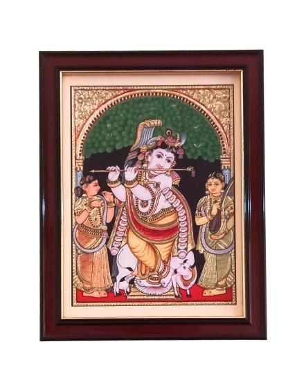 Sri Venugopala Swami with Ruckmani and Sathya Bhama Bansuri Krishna Tanjore Style Paint Photo Frame Wall Art - A4 Size 12 x 9 inch