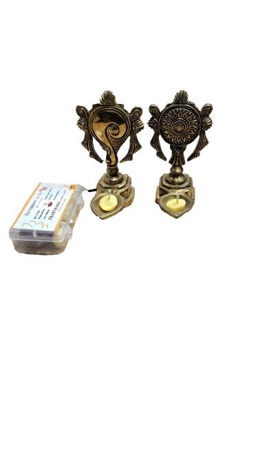 Golden Brass Shankha Chakra Ghee Vilaku Set with single flame Stand Pooja Decorative Deepak-with ghee lamp