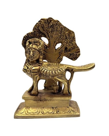 Nandhini Kamadenu under Kalpvruksha Tree Brass Antique Sculpture 5.5 Inch