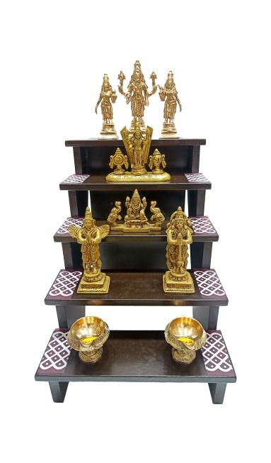 Wooden 5 Steps Deity Stand Black Finish Kolam Decorative Padi size 12 x 12 inch