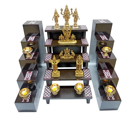 Wooden 5 Steps Deity Stand with Pair Deepak Stand Black Finish Kolam Decorative Villaku Padi Set size 11 & 12 inch