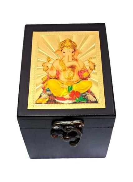 Golden Yellow Sri Ganesh Wooden Black Finish Multipurpose Cubical Pooja Storage Box size 3 x 4 x 3 inch