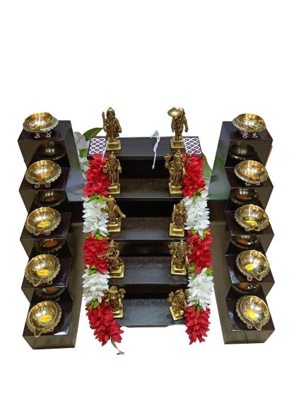 Dasavathram 3 inch Brass Antique Figurine Set on Teak Wood 5 Steps with Pair Deepak Stand Black Finish Kolam Decorative Villaku Padi Set size 11 & 12 inch