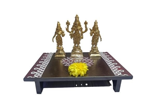 Rangoli Design 8 x 6 inch Wooden Rectangular Black Finish Deity Stand / Multipurpose Kolam Manai Lamps Decorative Puja Chowki 