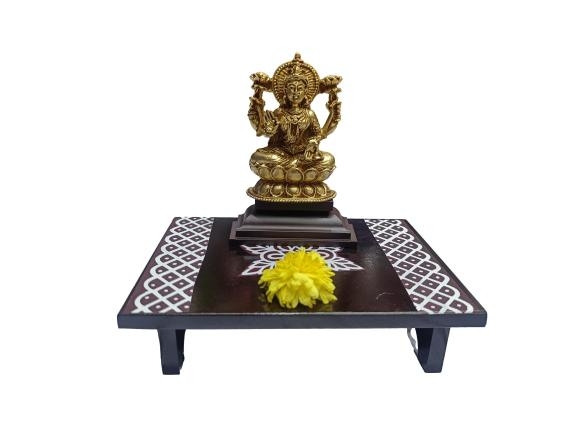 Rangoli Design 6 x 4 inch Wooden Rectangular Black Finish Deity Stand / Multipurpose Kolam Manai Lamps Decorative Puja Chowki