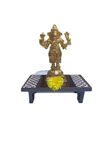 Rangoli Design 7 x 5 inch Wooden Rectangular Black Finish Deity Stand / Multipurpose Kolam Manai Lamps Decorative Puja Chowki 