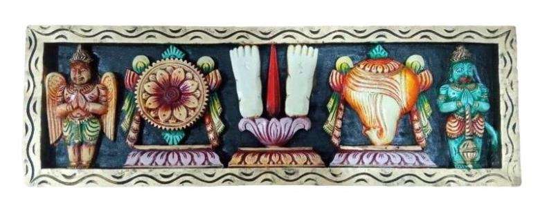 Multicolour Wooden Thenkalai Padham Thirumankappu Shanku Chakra Garudan Hanuman Wave Design Border Wall Decorative Showpiece size 2.5 Ft (30 X 10 Inch)