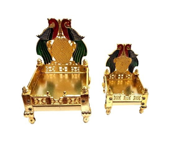 Golden Brass Mayilasanam / Peacock Design Brass Chowki or Mayur Deity Pooja Stand Size 4 & 5 inches